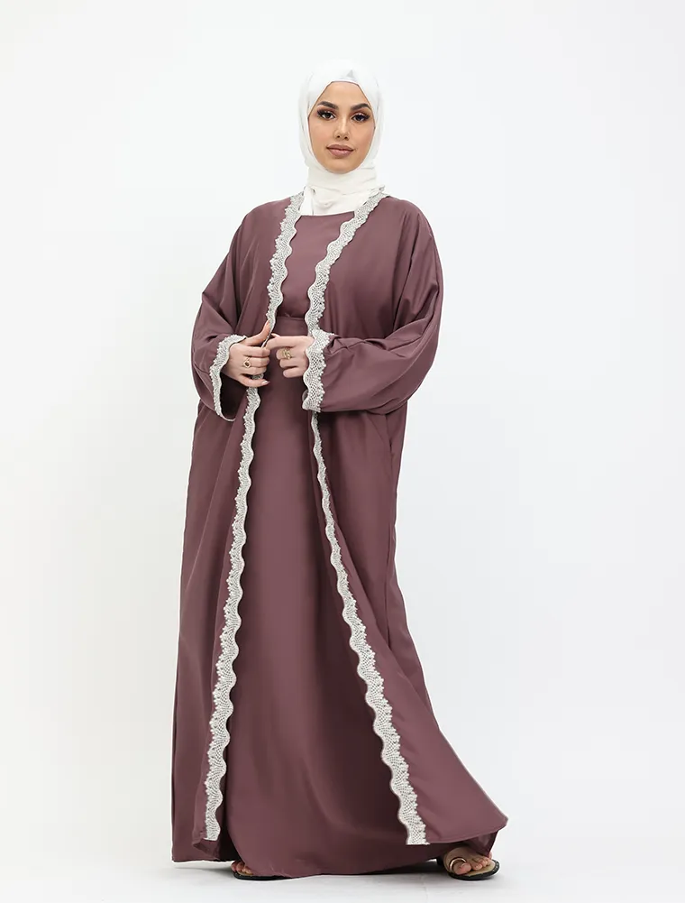 Mauve Lux Lace Abaya 2 Peice